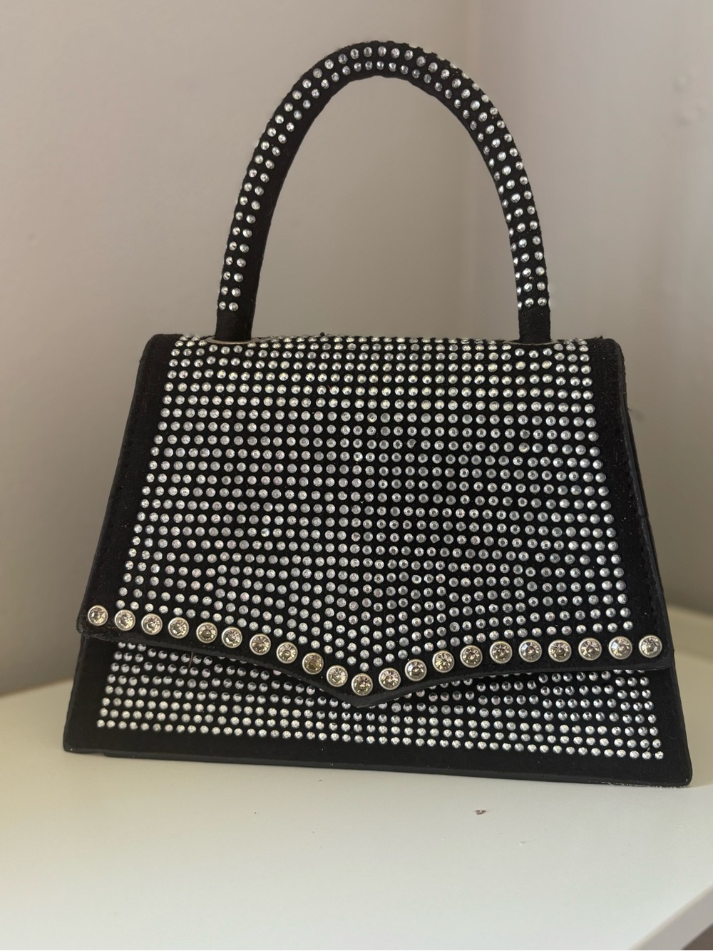 Black Crystal-Embellished Top Handle Bag